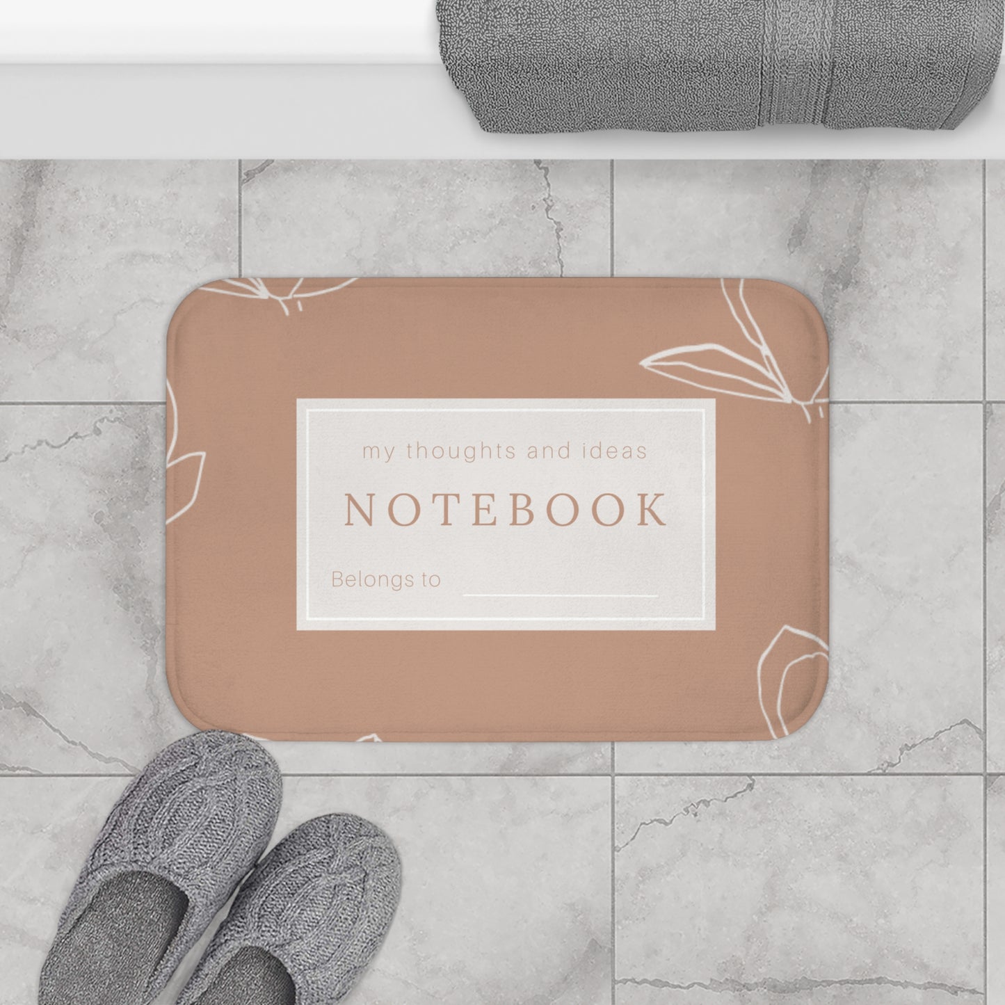 Notebook style bath rug, mauve aesthetic print, teen bathroom has shower curtain sold separately