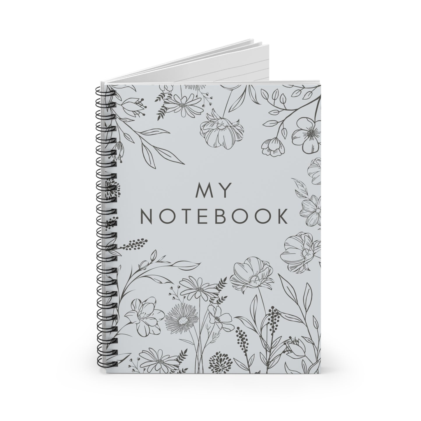 Floral Outlined Spiral Notebook - Ruled Line, Blank Journal, Lined Notepad, Pretty Flower Sketchbook, Minimalist Stationery Gift