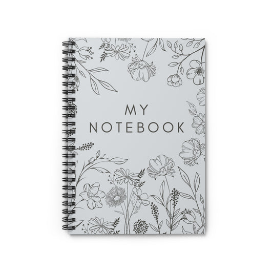 Floral Outlined Spiral Notebook - Ruled Line, Blank Journal, Lined Notepad, Pretty Flower Sketchbook, Minimalist Stationery Gift